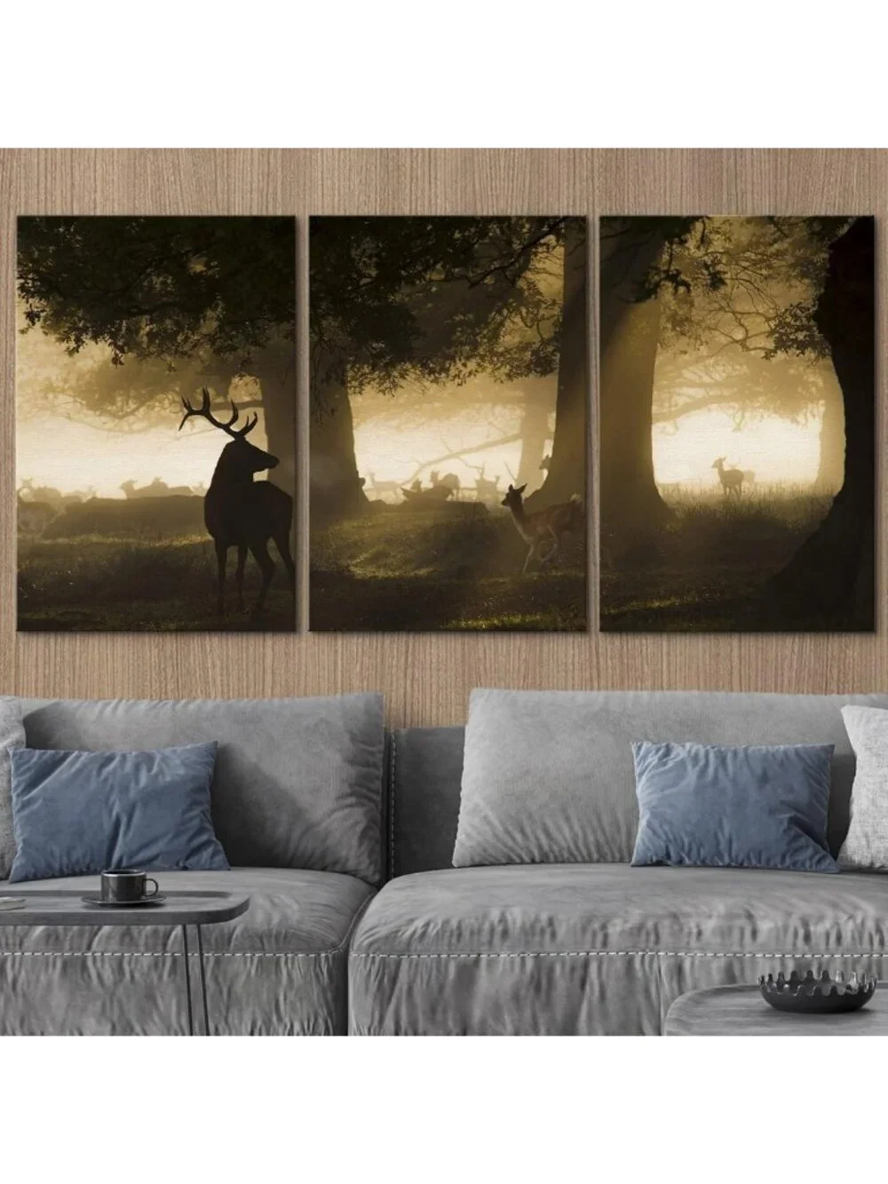 Deer Family Canvas Wall Art Set - Sunlit Forest Landscape Photography, 3 Panels